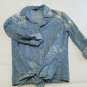 Chambray tie front long sleeve eyelet Button down shirt